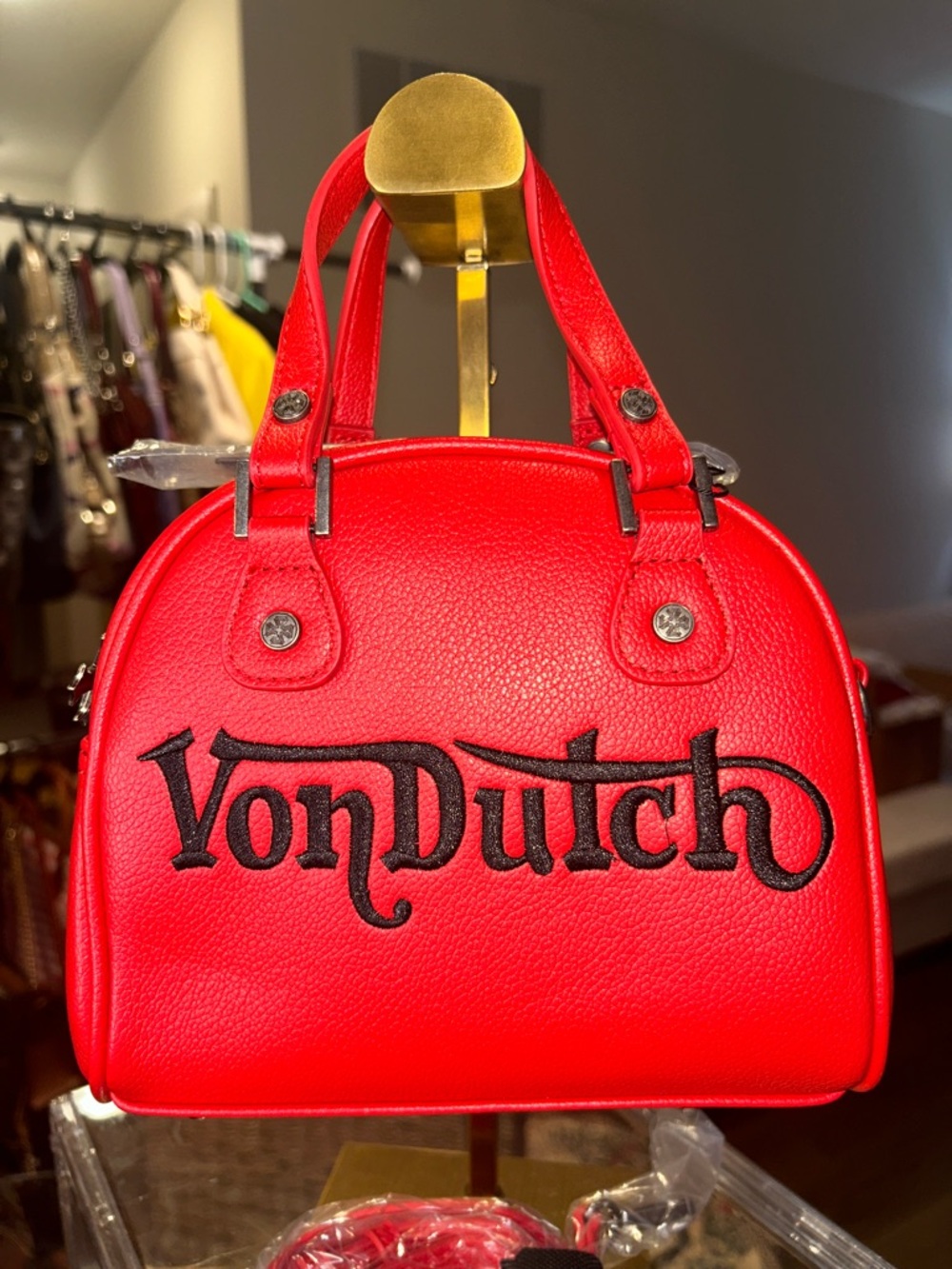Von Dutch Red Mini Dome Bowler Bag with Black Cross Logo 6.75”x 7.75”x 3” NWT
